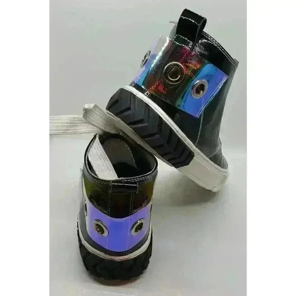 Black Leather Hi Top Sneakers Iridescent Eyelet & Heel D:fuse Scandinavia RARE - Picture 4 of 16